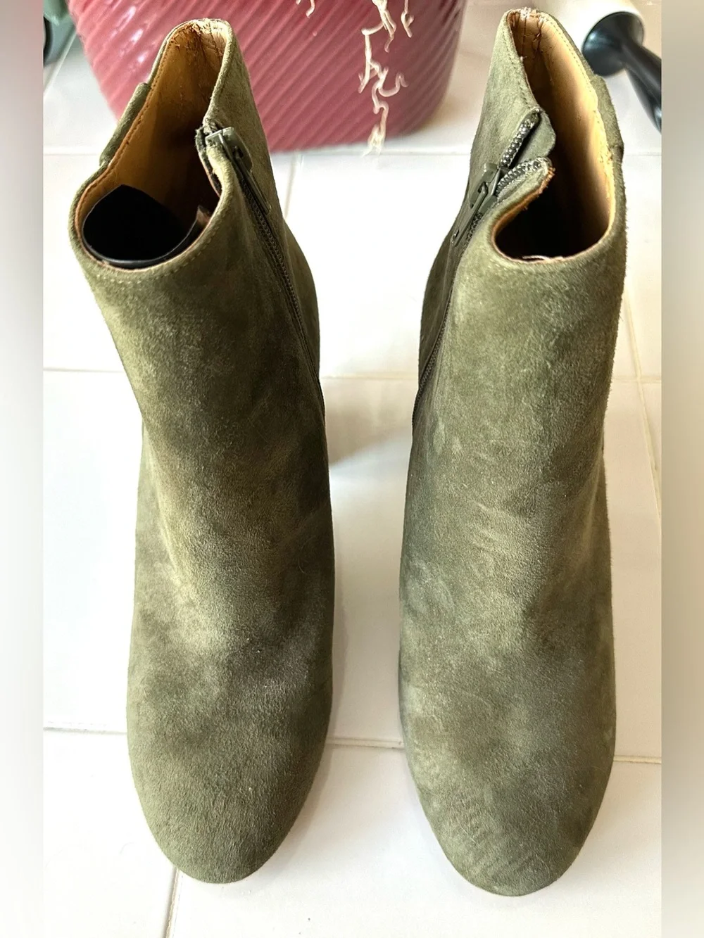 Nine West Olive Green Suede Leather Ankle Boots 9M Block Heel